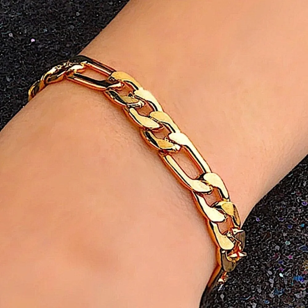 GOLD CUBAN FIGARO CHAIN LINK 8MM UNISEX 18K BRACELET